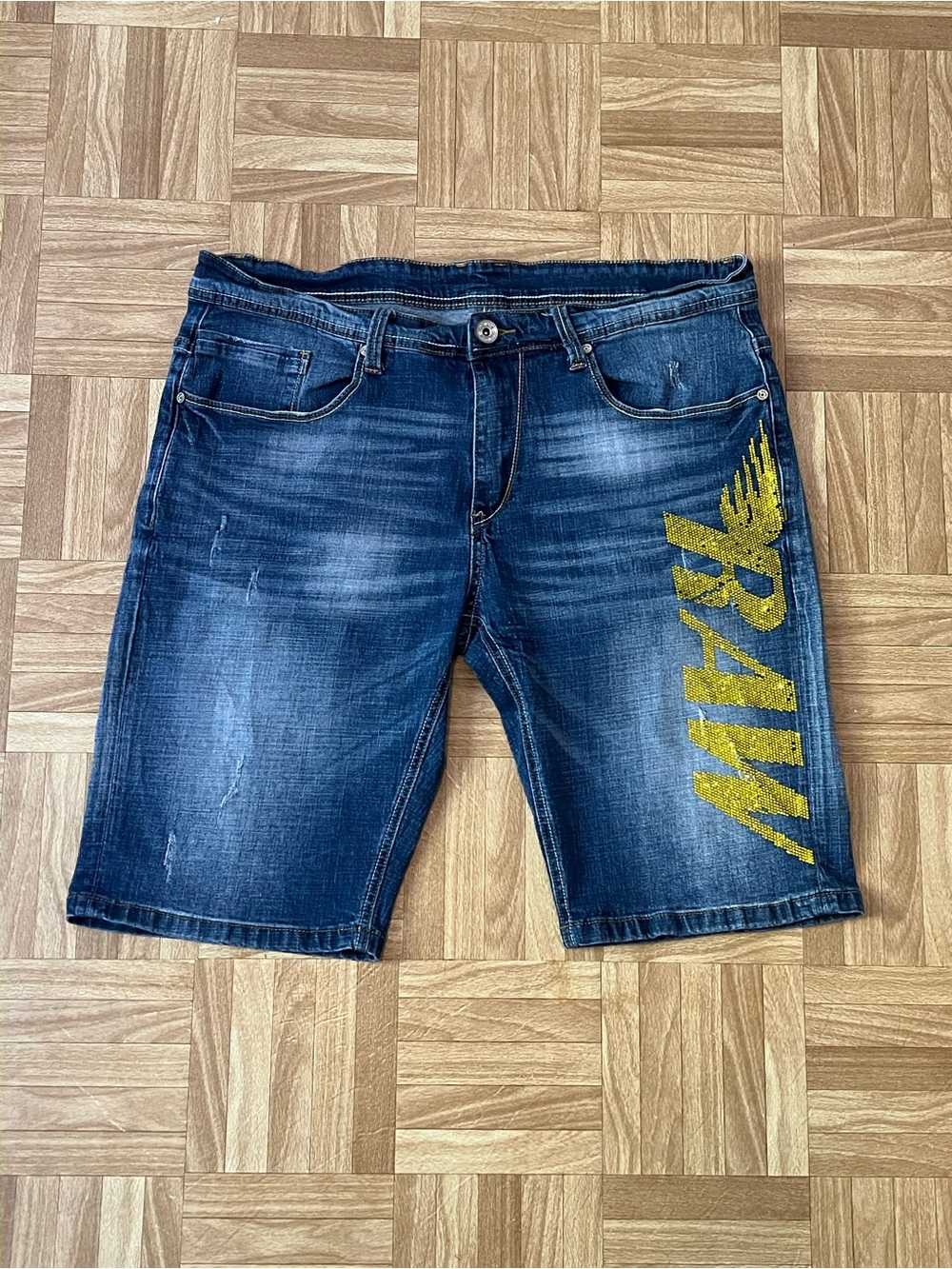 Men's Dark Blue Denim Shorts with Yellow Graphic